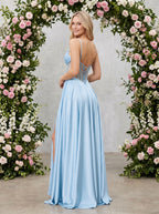 Sky Blue Satin A-Line Sweetheart Lace-up Floor-Length Dress with Sheer Corset Bodice & Pockets - Curvevia