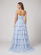 Mist Chiffon A-Line Sweetheart Corset Back Long Dress with Beaded Neckline and Tiered Ruffles - Curvevia