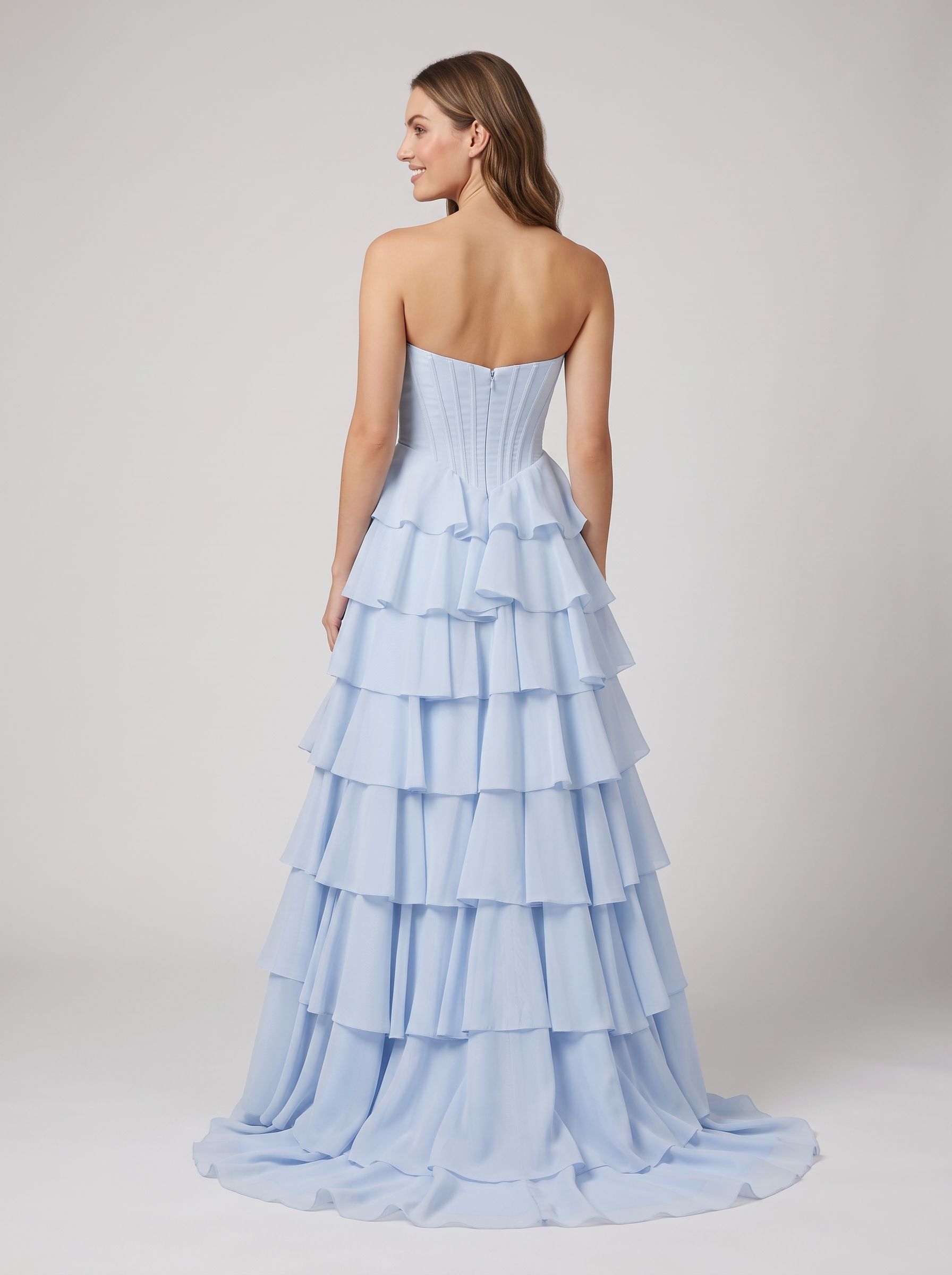 Mist Chiffon A-Line Sweetheart Corset Back Long Dress with Beaded Neckline and Tiered Ruffles - Curvevia