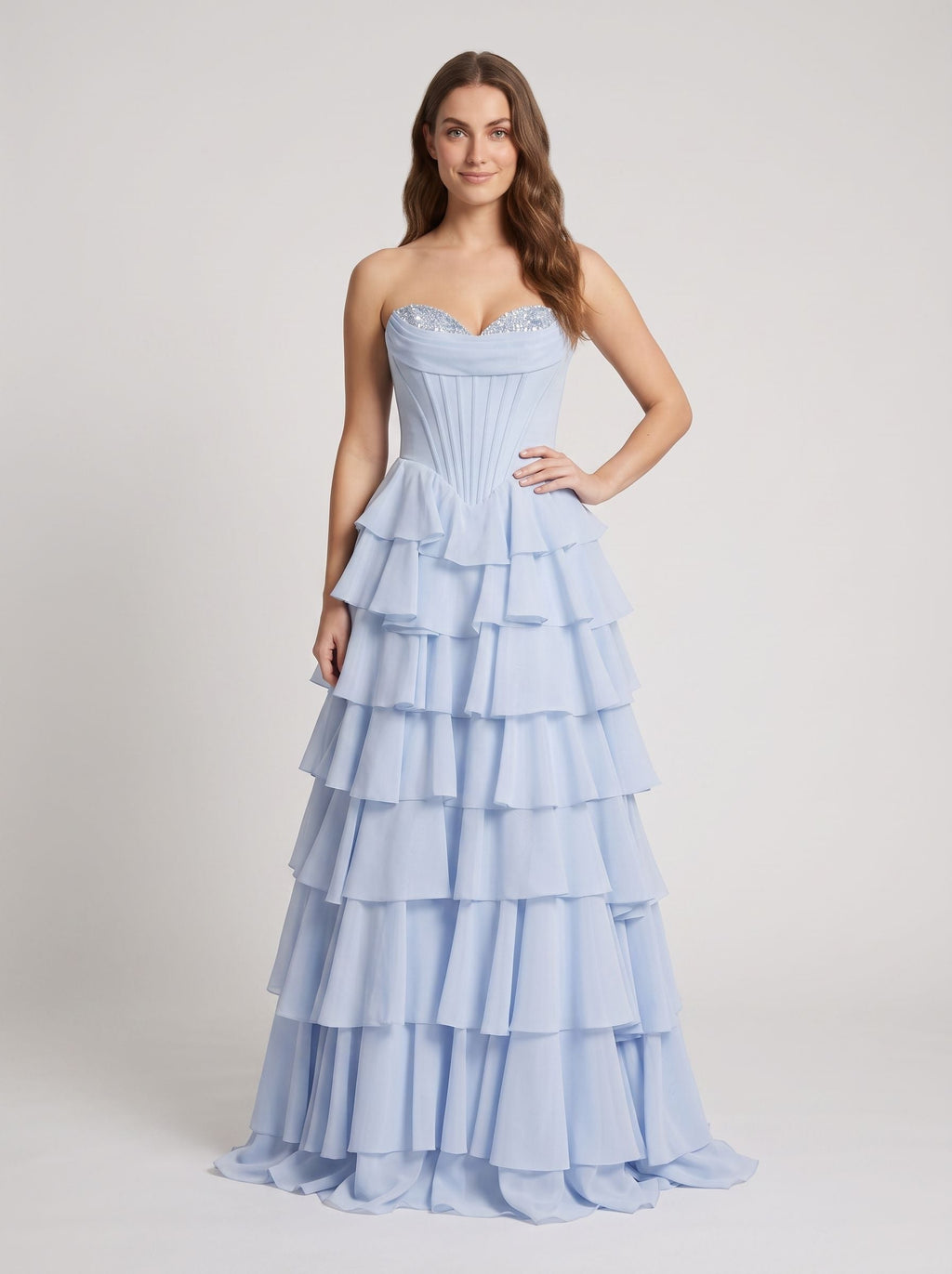 Mist Chiffon A-Line Sweetheart Corset Back Long Dress with Beaded Neckline and Tiered Ruffles - Curvevia