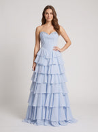 Mist Chiffon A-Line Sweetheart Corset Back Long Dress with Beaded Neckline and Tiered Ruffles - Curvevia