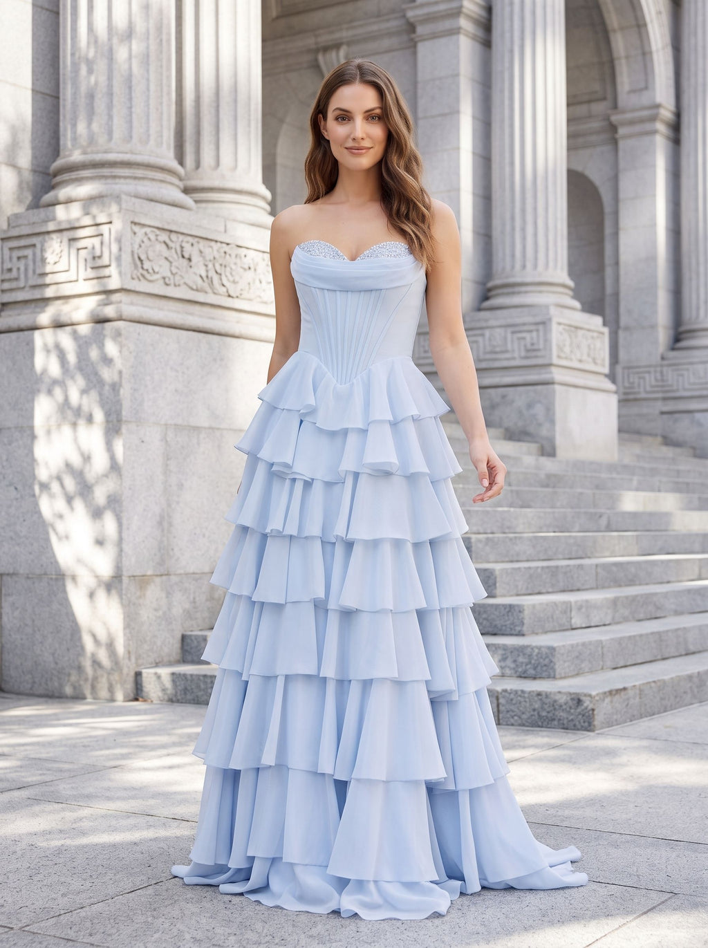 Mist Chiffon A-Line Sweetheart Corset Back Long Dress with Beaded Neckline and Tiered Ruffles - Curvevia
