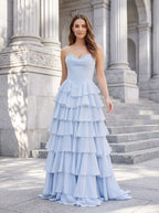 Mist Chiffon A-Line Sweetheart Corset Back Long Dress with Beaded Neckline and Tiered Ruffles - Curvevia