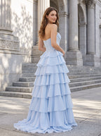 Mist Chiffon A-Line Sweetheart Corset Back Long Dress with Beaded Neckline and Tiered Ruffles - Curvevia