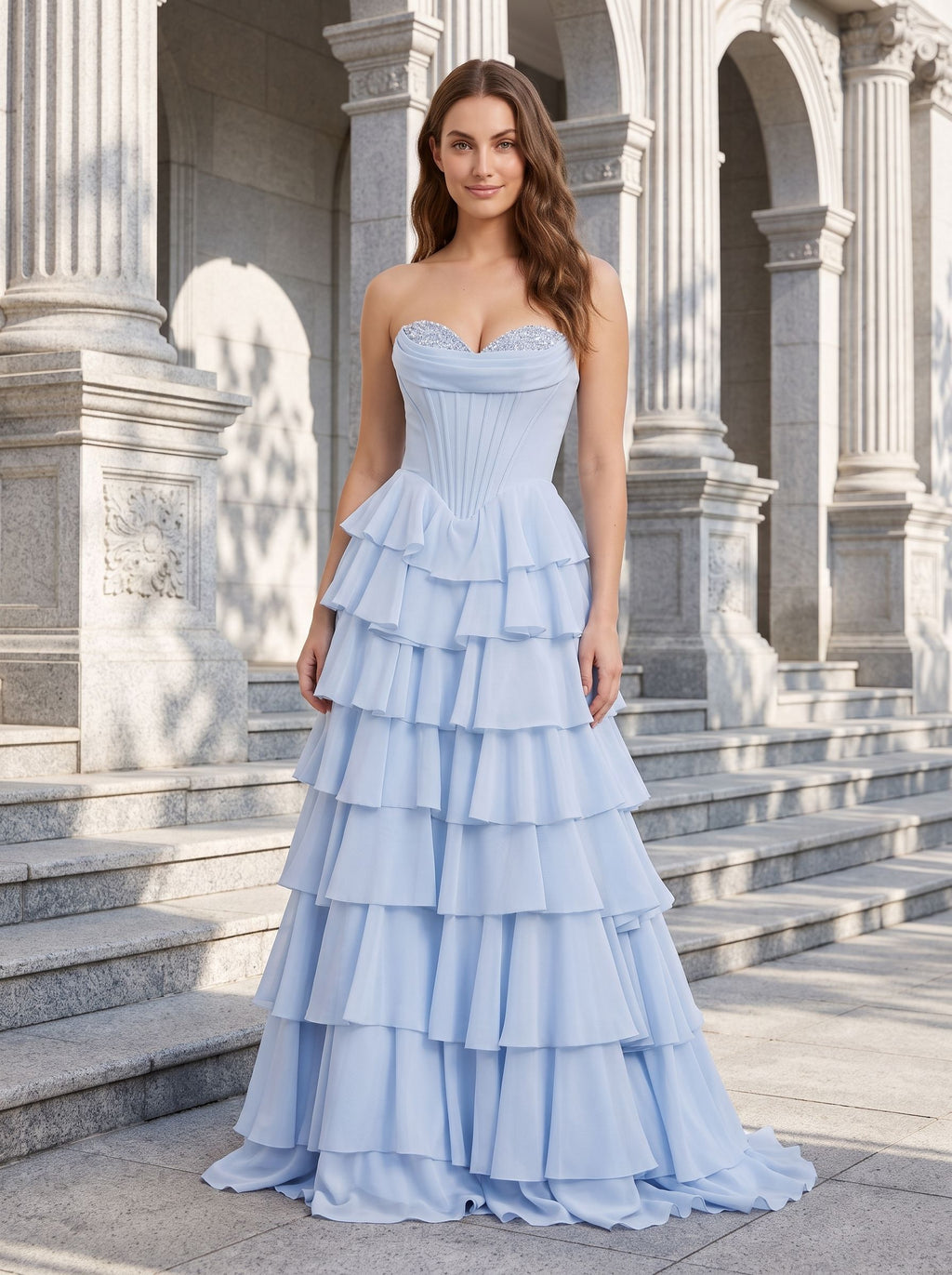Mist Chiffon A-Line Sweetheart Corset Back Long Dress with Beaded Neckline and Tiered Ruffles - Curvevia