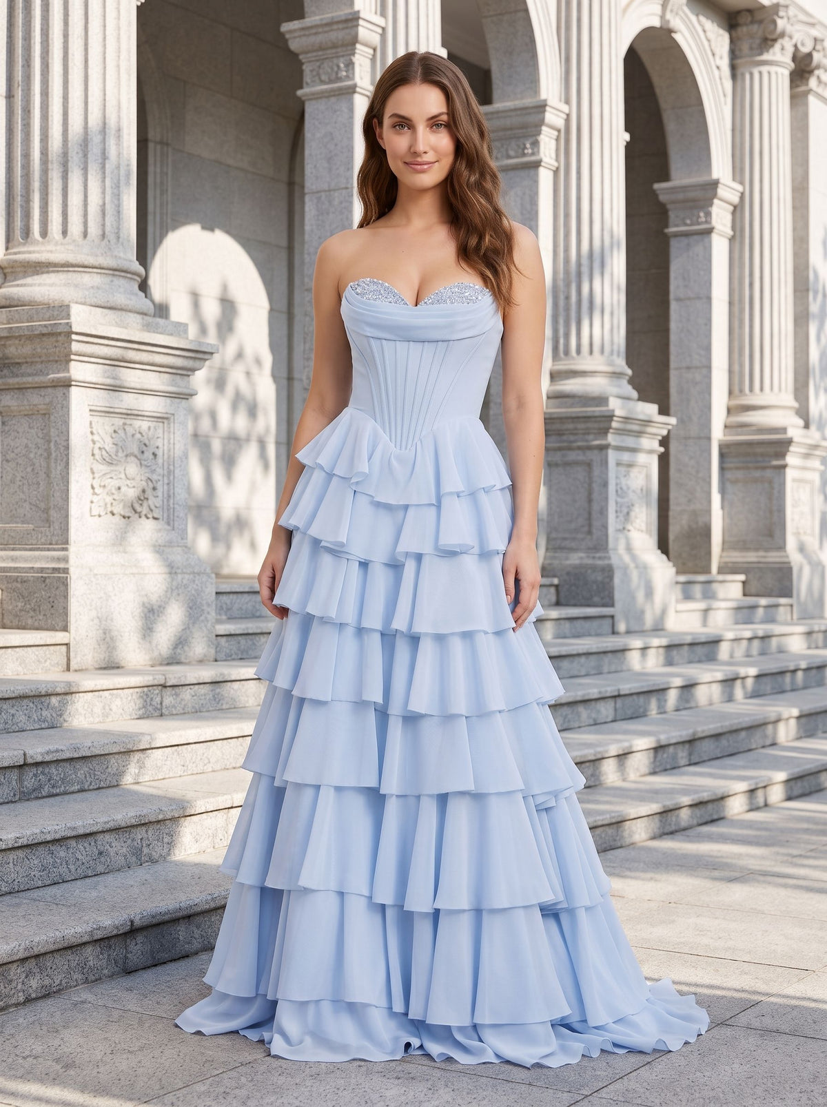 Mist Chiffon A-Line Sweetheart Corset Back Long Dress with Beaded Neckline and Tiered Ruffles - Curvevia