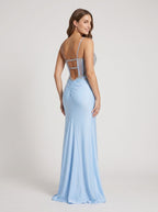 Sky Blue Satin column V-Neck Corset Back Floor-Length Dress with High Slit - Curvevia