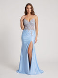Sky Blue Satin column V-Neck Corset Back Floor-Length Dress with High Slit - Curvevia