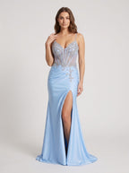 Sky Blue Satin column V-Neck Corset Back Floor-Length Dress with High Slit - Curvevia