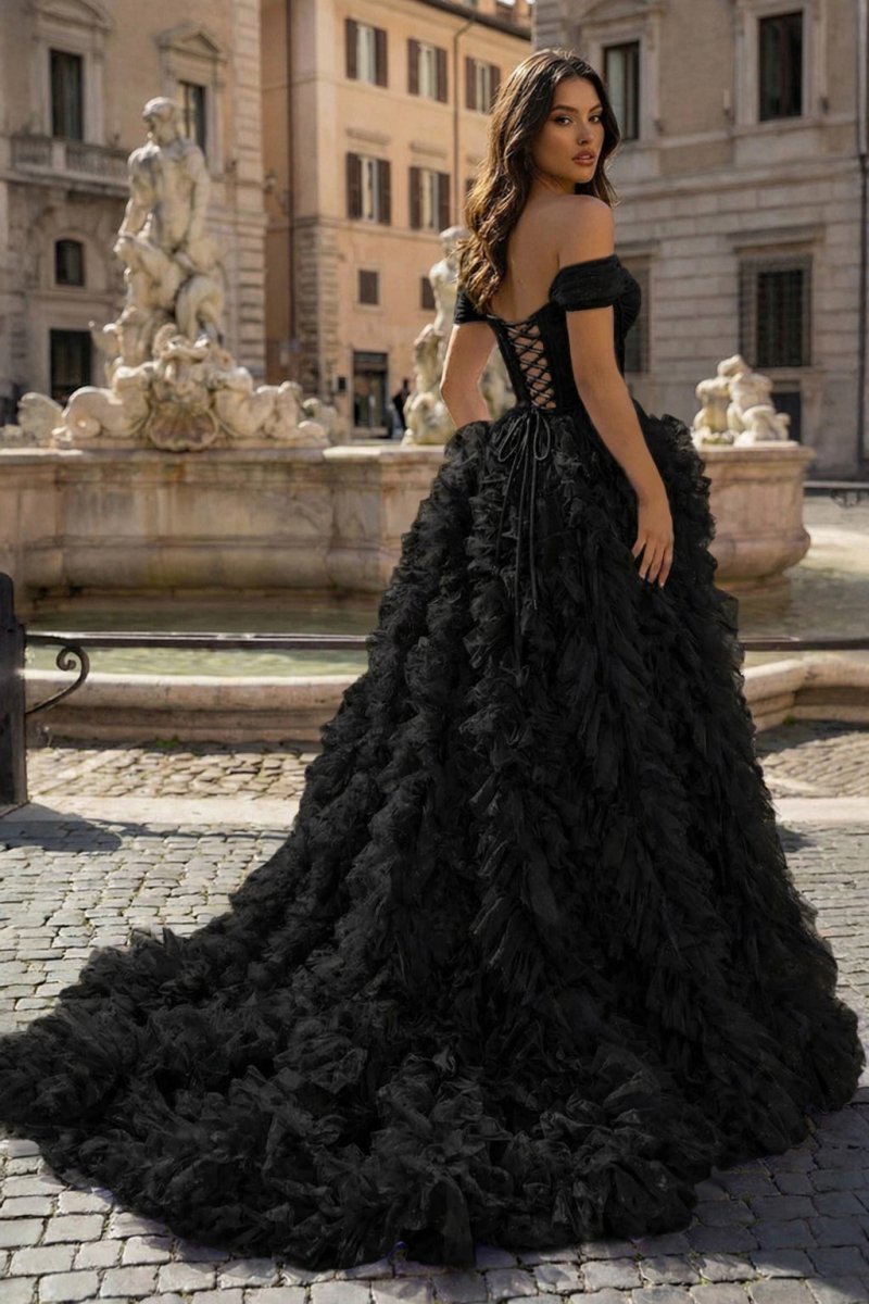 A Line Off the Shoulder Ruffled Tulle Prom Dress with Slit - Curvevia
