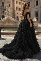 A Line Off the Shoulder Ruffled Tulle Prom Dress with Slit - Curvevia