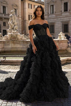 A Line Off the Shoulder Ruffled Tulle Prom Dress with Slit - Curvevia