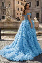 A Line Off the Shoulder Ruffled Tulle Prom Dress with Slit - Curvevia