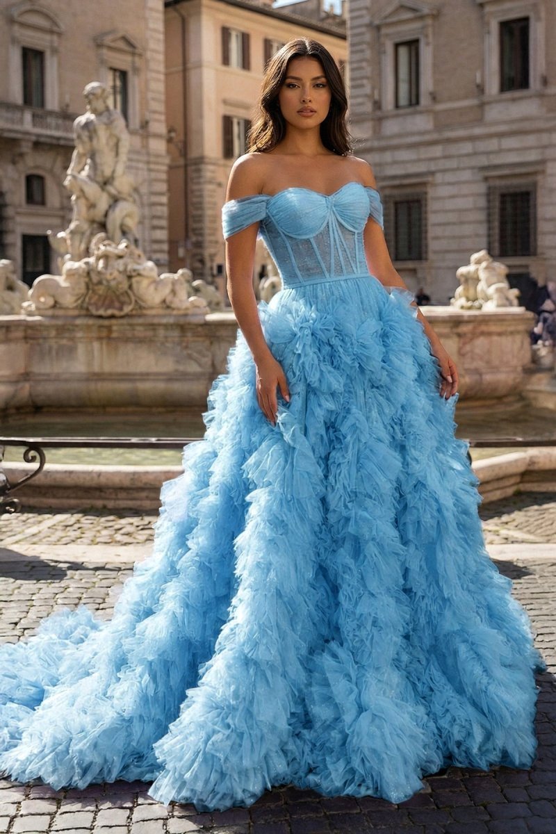 A Line Off the Shoulder Ruffled Tulle Prom Dress with Slit - Curvevia