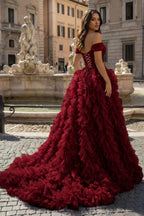 A Line Off the Shoulder Ruffled Tulle Prom Dress with Slit - Curvevia