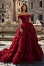 A Line Off the Shoulder Ruffled Tulle Prom Dress with Slit - Curvevia