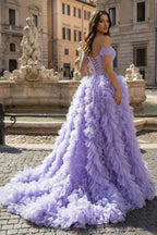 A Line Off the Shoulder Ruffled Tulle Prom Dress with Slit - Curvevia