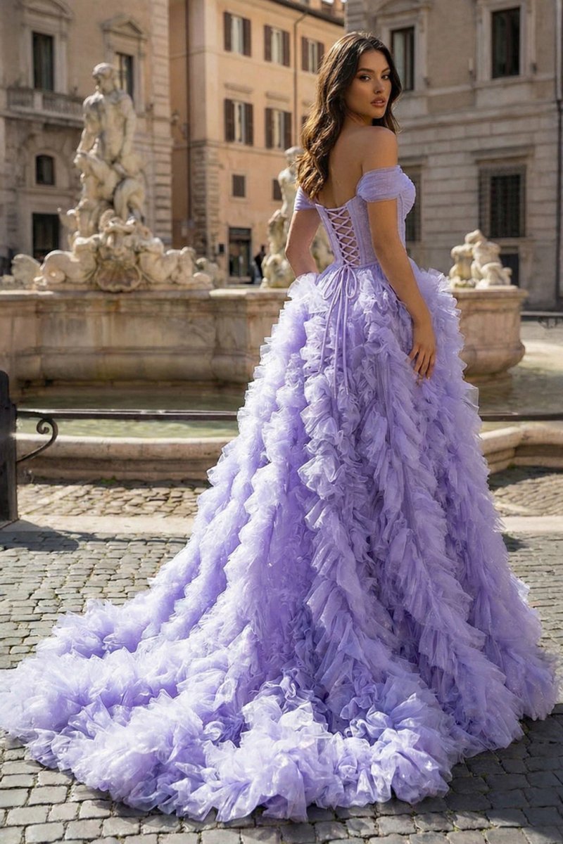 A Line Off the Shoulder Ruffled Tulle Prom Dress with Slit - Curvevia