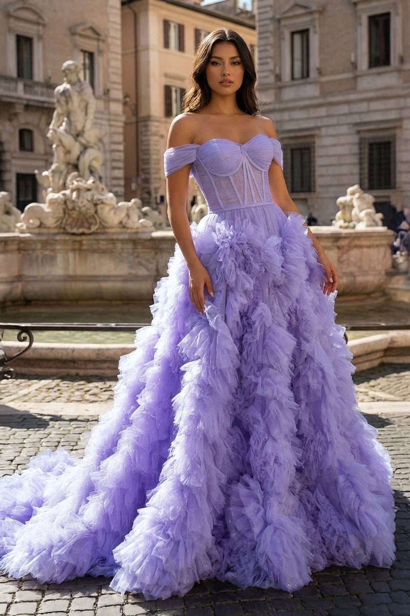 A Line Off the Shoulder Ruffled Tulle Prom Dress with Slit - Curvevia