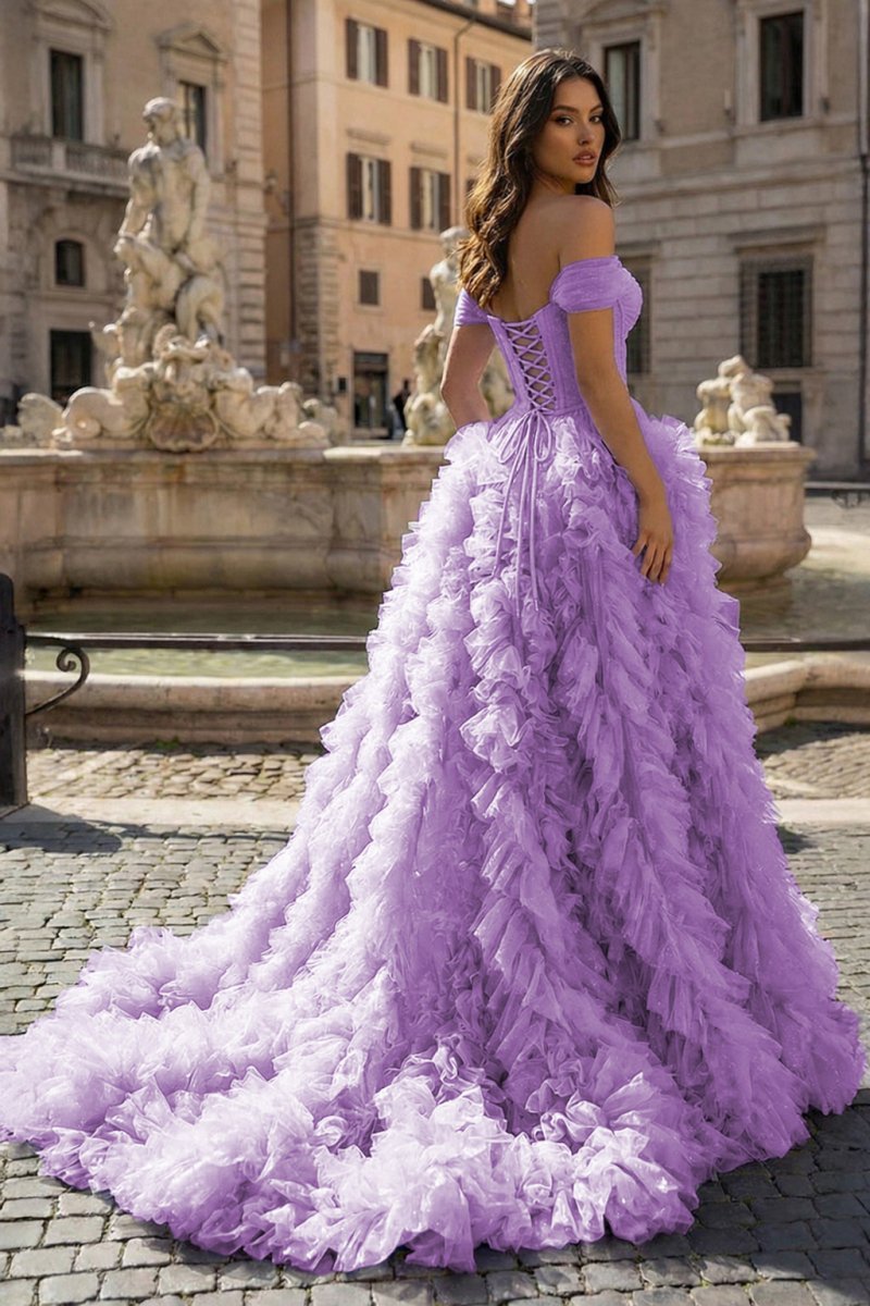 A Line Off the Shoulder Ruffled Tulle Prom Dress with Slit - Curvevia