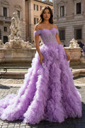 A Line Off the Shoulder Ruffled Tulle Prom Dress with Slit - Curvevia