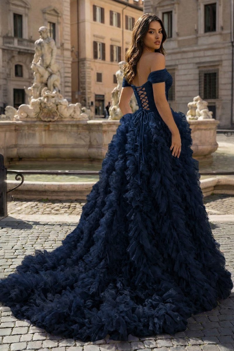 A Line Off the Shoulder Ruffled Tulle Prom Dress with Slit - Curvevia