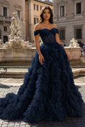 A Line Off the Shoulder Ruffled Tulle Prom Dress with Slit - Curvevia