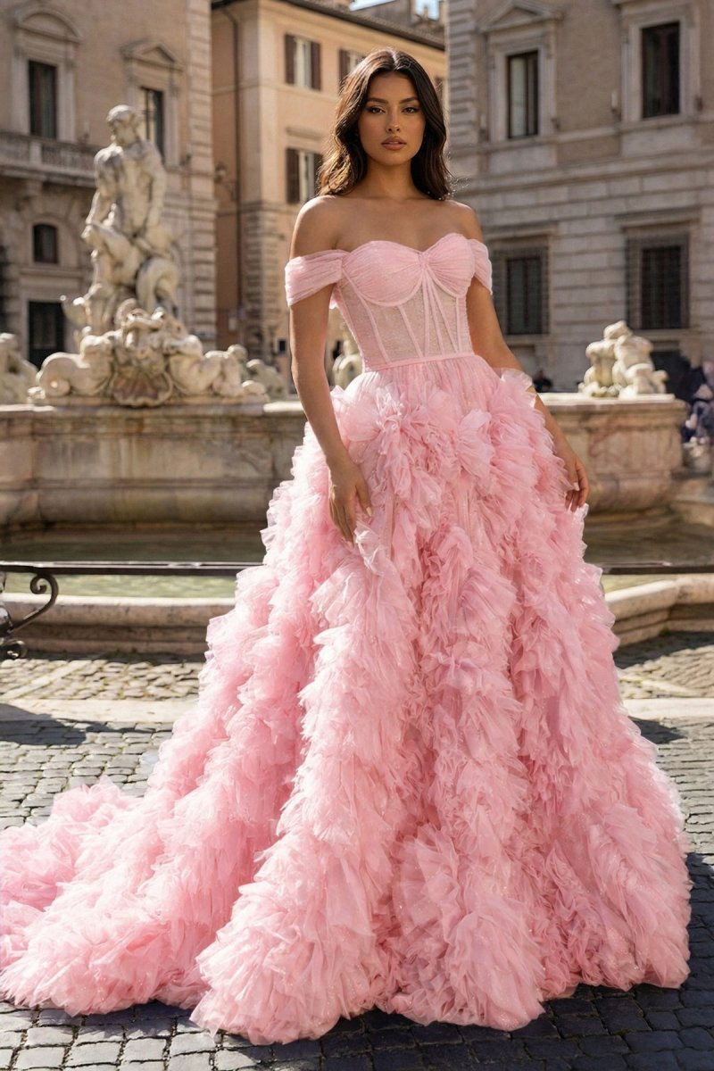 A Line Off the Shoulder Ruffled Tulle Prom Dress with Slit - Curvevia