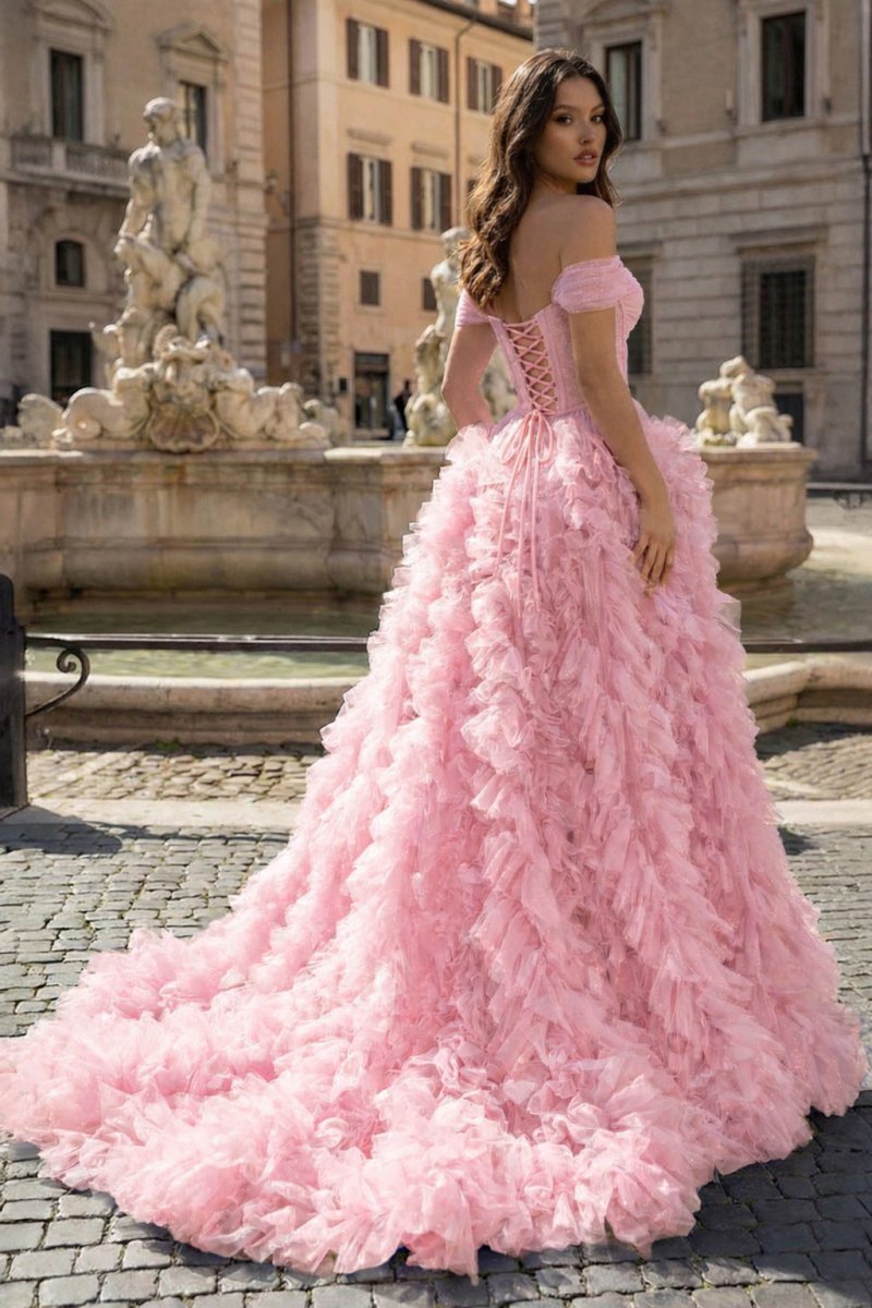 A Line Off the Shoulder Ruffled Tulle Prom Dress with Slit - Curvevia