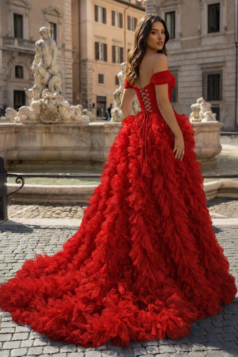 A Line Off the Shoulder Ruffled Tulle Prom Dress with Slit - Curvevia