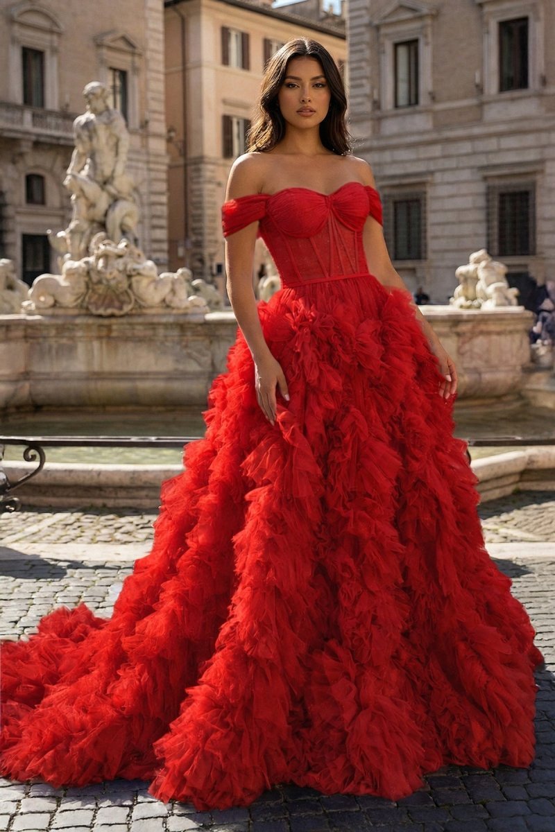 A Line Off the Shoulder Ruffled Tulle Prom Dress with Slit - Curvevia
