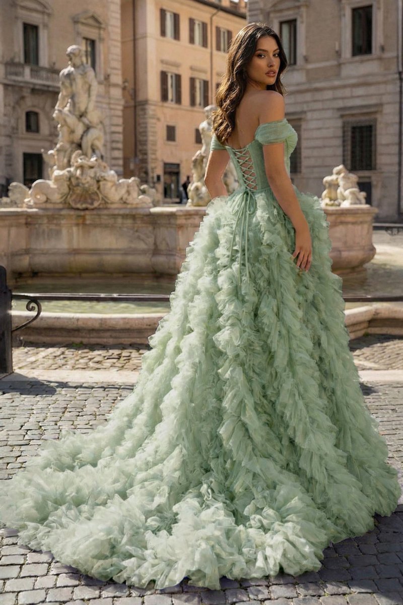 A Line Off the Shoulder Ruffled Tulle Prom Dress with Slit - Curvevia