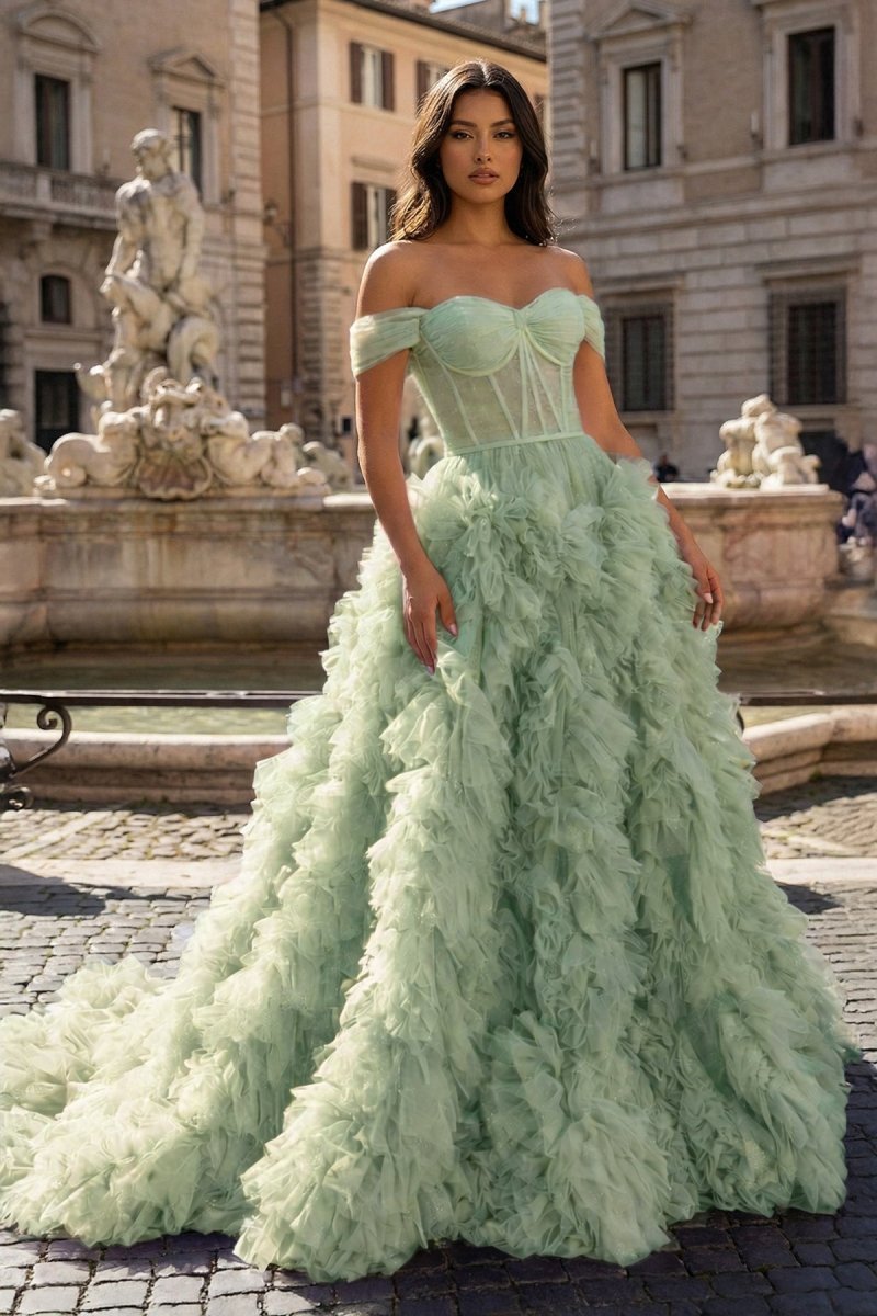 A Line Off the Shoulder Ruffled Tulle Prom Dress with Slit - Curvevia
