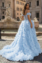 A Line Off the Shoulder Ruffled Tulle Prom Dress with Slit - Curvevia