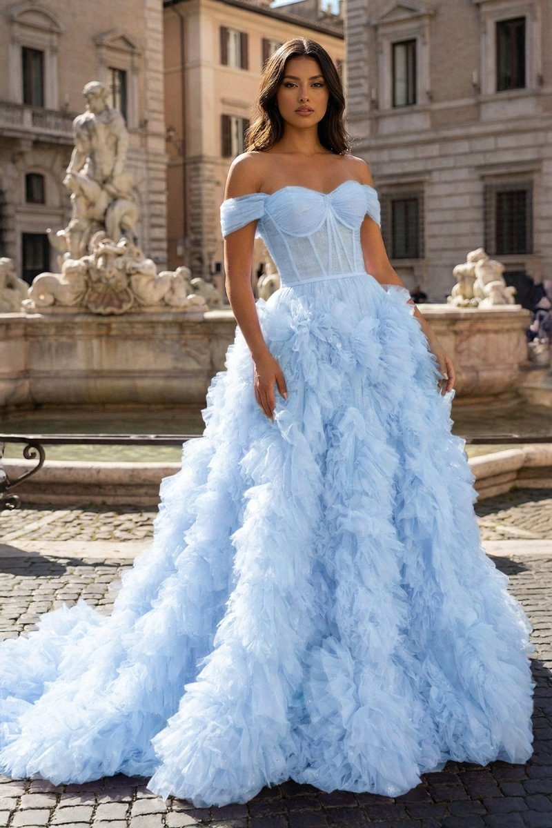 A Line Off the Shoulder Ruffled Tulle Prom Dress with Slit - Curvevia