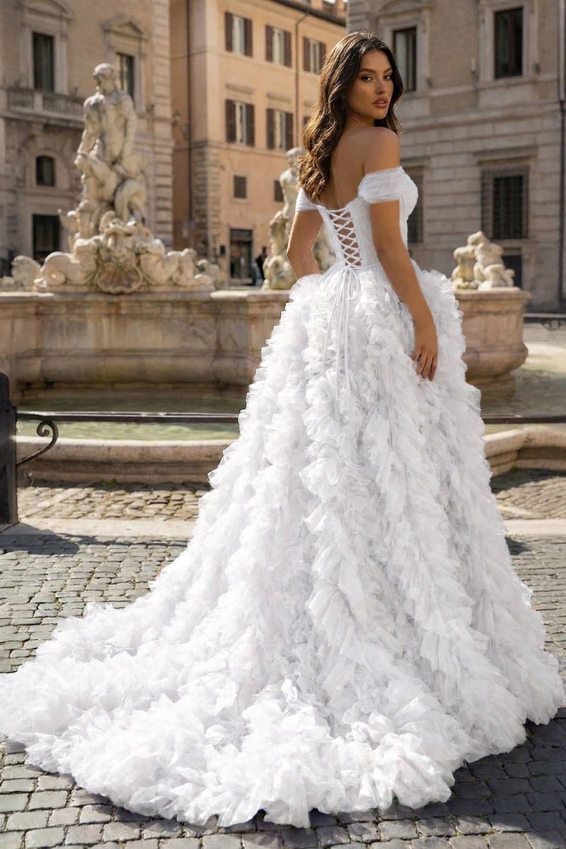 A Line Off the Shoulder Ruffled Tulle Prom Dress with Slit - Curvevia