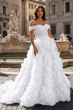 A Line Off the Shoulder Ruffled Tulle Prom Dress with Slit - Curvevia