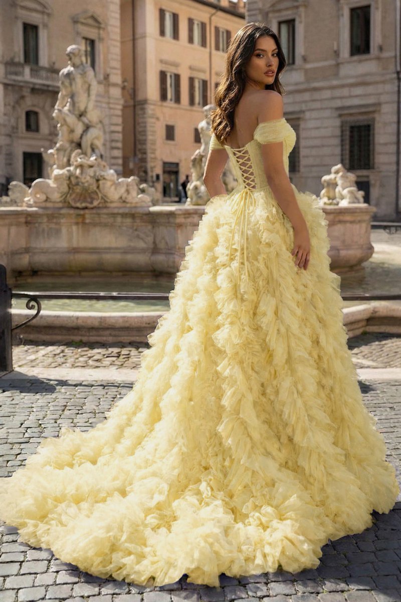 A Line Off the Shoulder Ruffled Tulle Prom Dress with Slit - Curvevia
