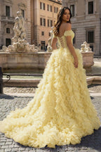 A Line Off the Shoulder Ruffled Tulle Prom Dress with Slit - Curvevia