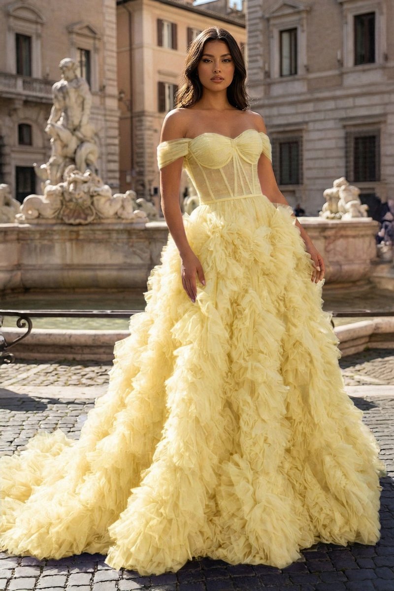 A Line Off the Shoulder Ruffled Tulle Prom Dress with Slit - Curvevia