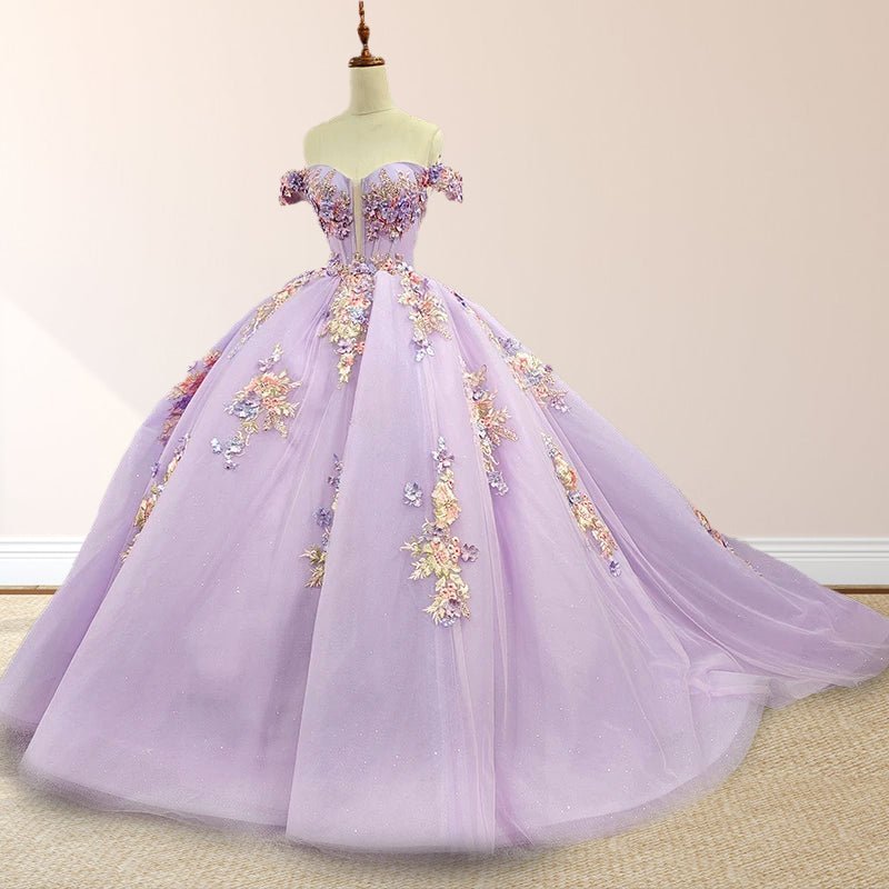 Princess Off the Shoulder Appliques Chapel Train Quinceanera Dresses - Curvevia