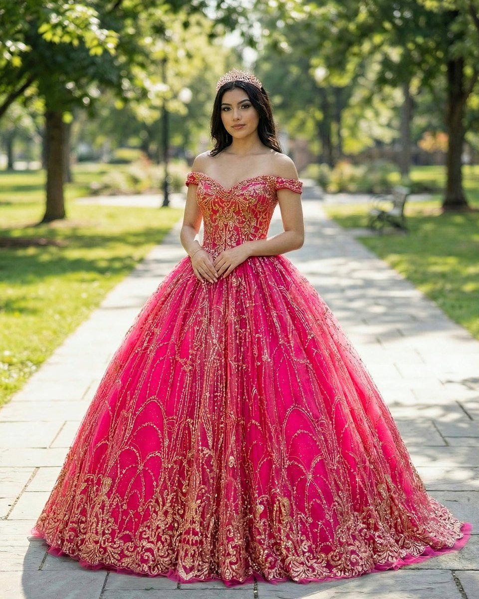 Quinceanera Dress Princess Off-the-Shoulder Red Sequin Lace Ball Gown - Curvevia