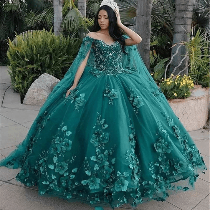 Dark Green Organza Off-the-Shoulder Ball Gown Quinceanera Dress - Curvevia