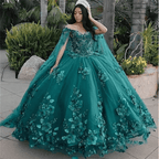 Dark Green Organza Off-the-Shoulder Ball Gown Quinceanera Dress - Curvevia