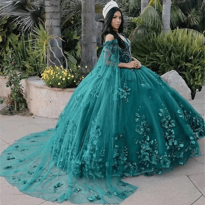 Dark Green Organza Off-the-Shoulder Ball Gown Quinceanera Dress - Curvevia