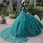 Dark Green Organza Off-the-Shoulder Ball Gown Quinceanera Dress - Curvevia