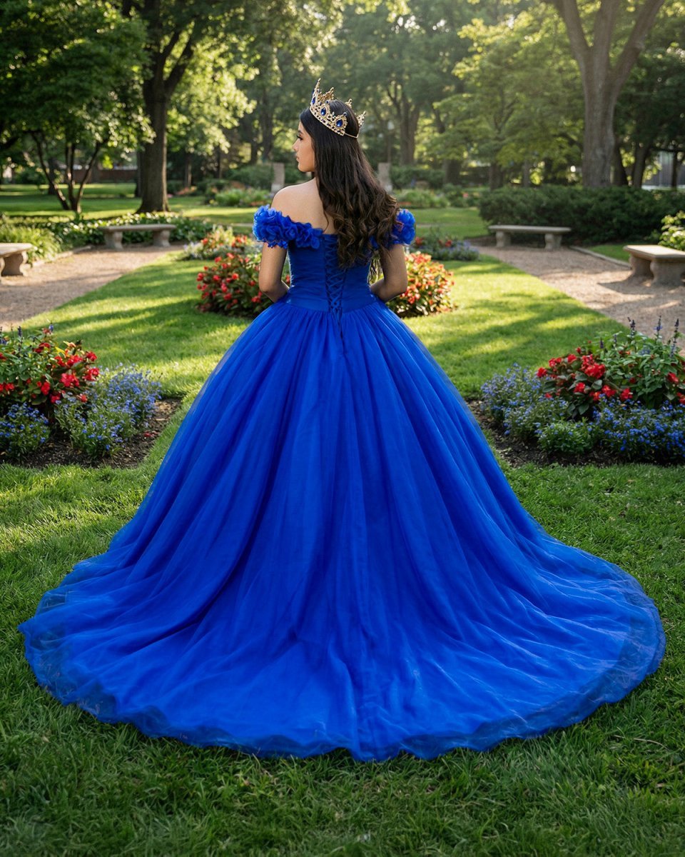 Quinceanera Dress Princess Tulle Royal Blue Off The Shoulder - Curvevia
