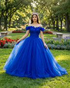 Quinceanera Dress Princess Tulle Royal Blue Off The Shoulder - Curvevia