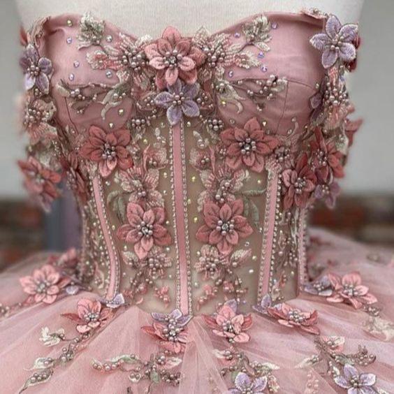 Pink Tulle Appliques Off The Shoulder Quinceanera Dresses - Curvevia