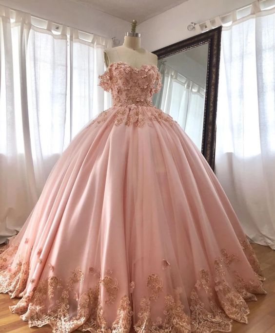 Pink Off The Shoulder Embroidered Lace Ball Gown Quinceanera Dresses - Curvevia